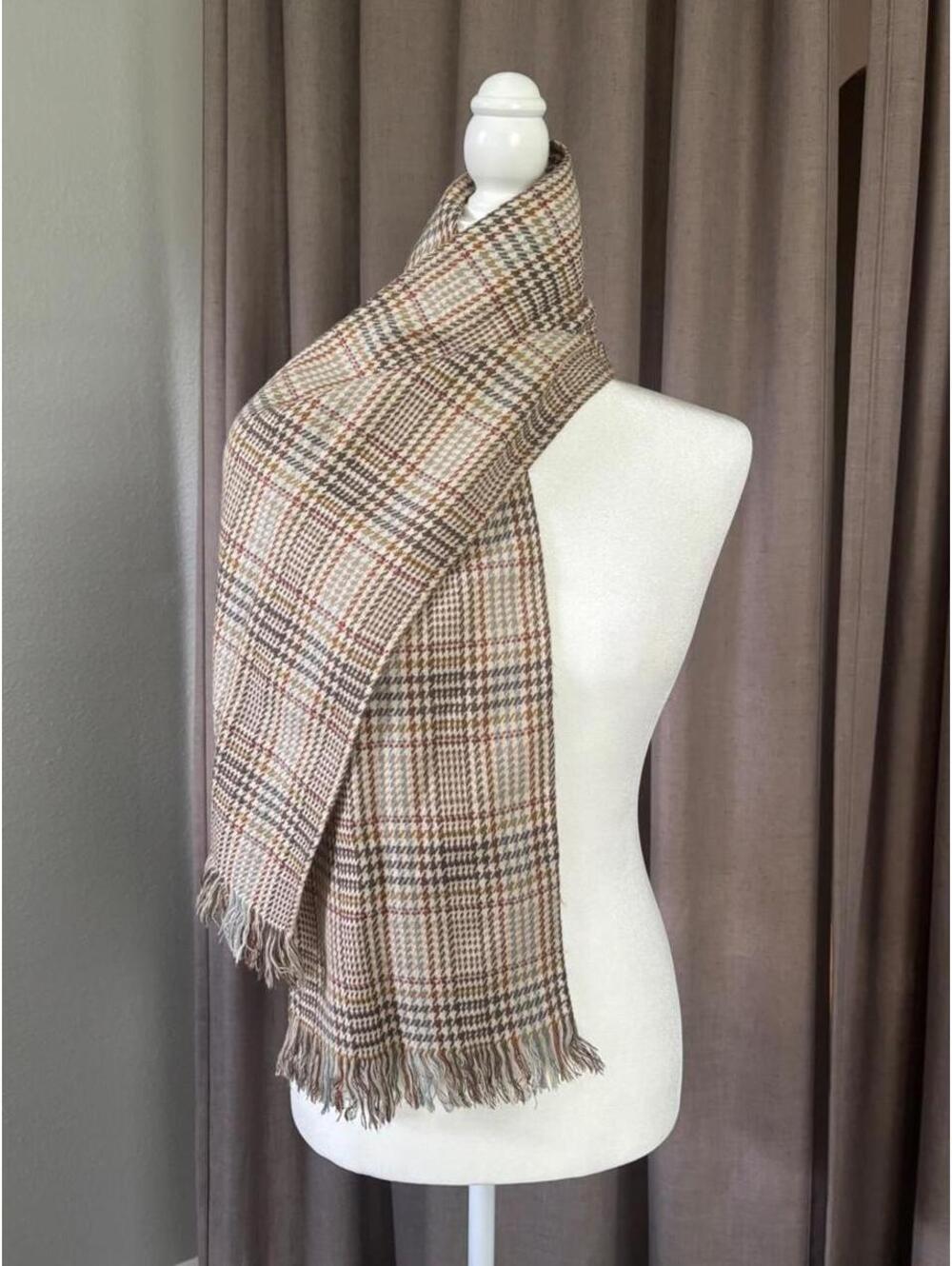 Vintage Glen Plaid Scarf Brown Powder Blue Fringe Heritage